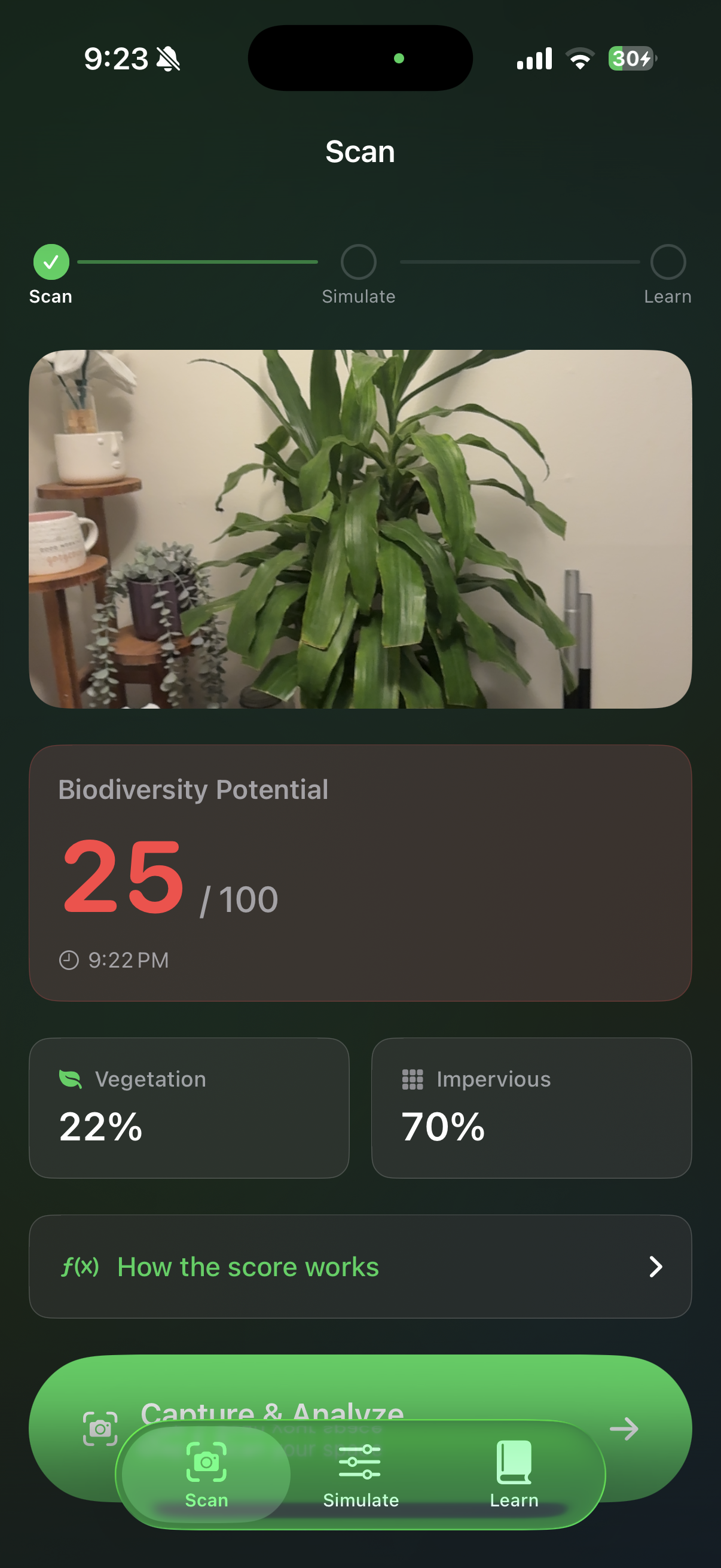 Screenshot of the EcoEcho iOS app showing the biodiversity scan view