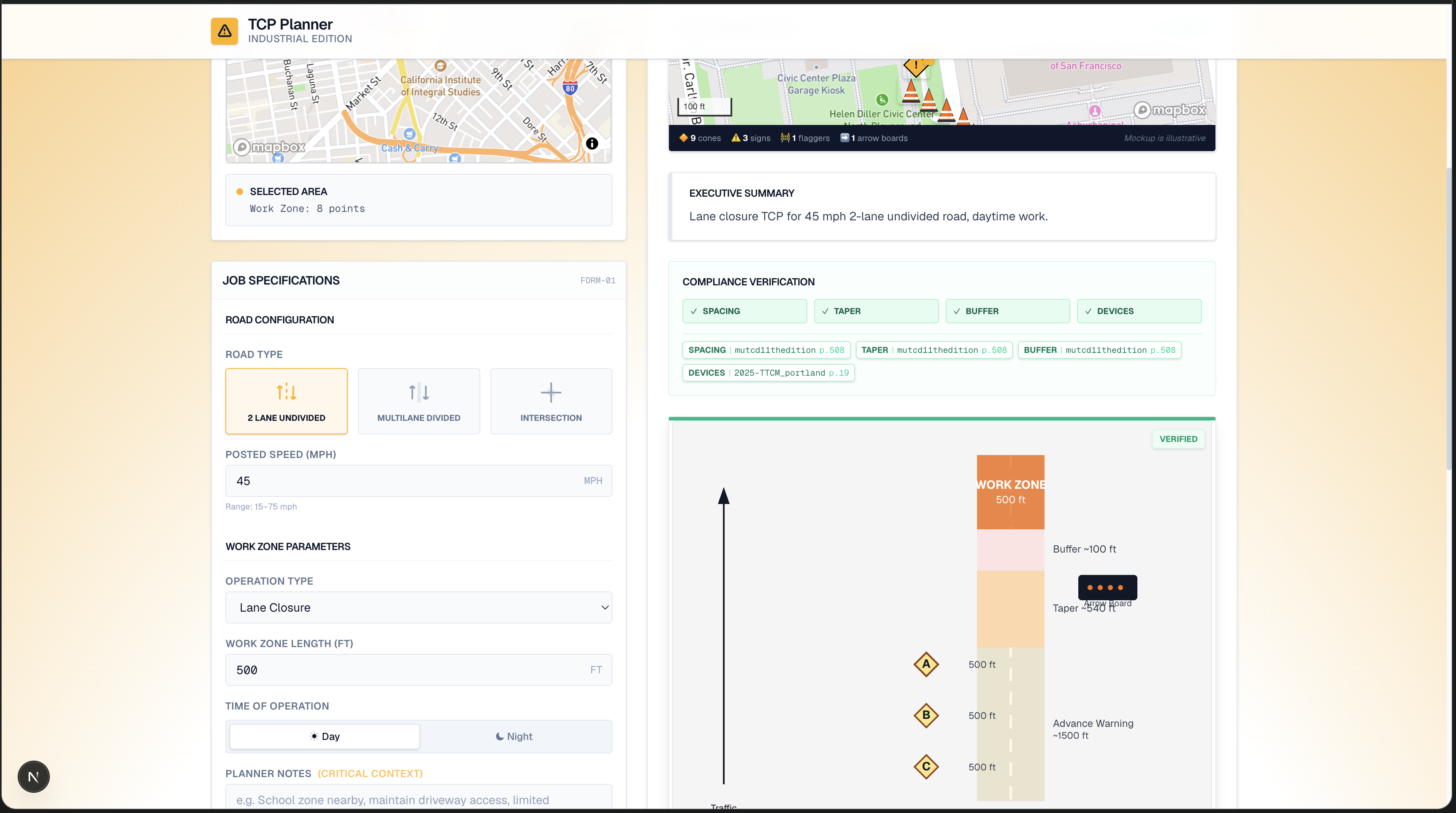 Screenshot of Traffic-Control-Planner showing a generated traffic control plan map